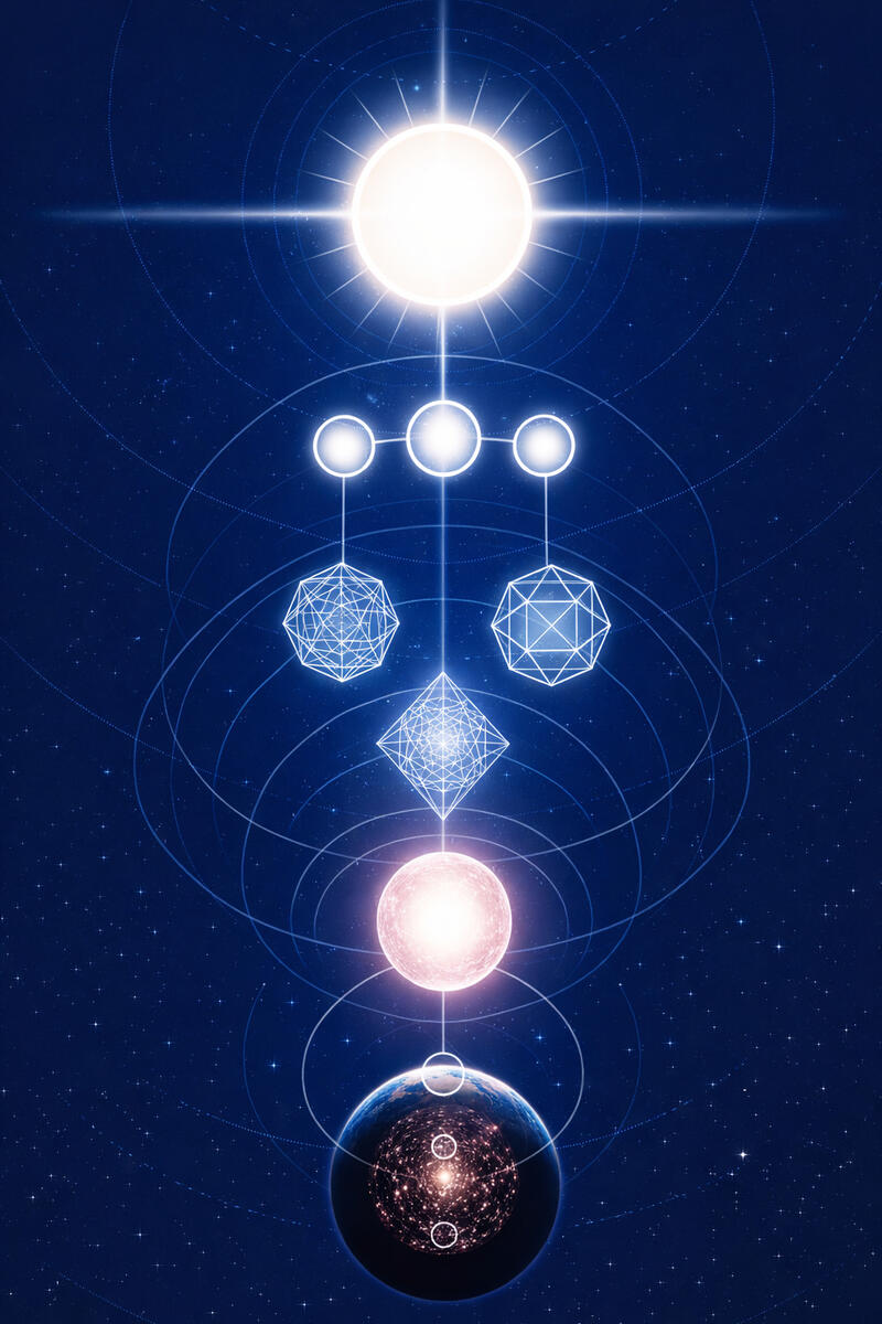 An interpretation of the field structure - from the Source at the top, through Monad, Oversoul, and Soul, down to embodiment, such as a human being. (This does not take into account that an Oversoul may encompass multiple souls.)
