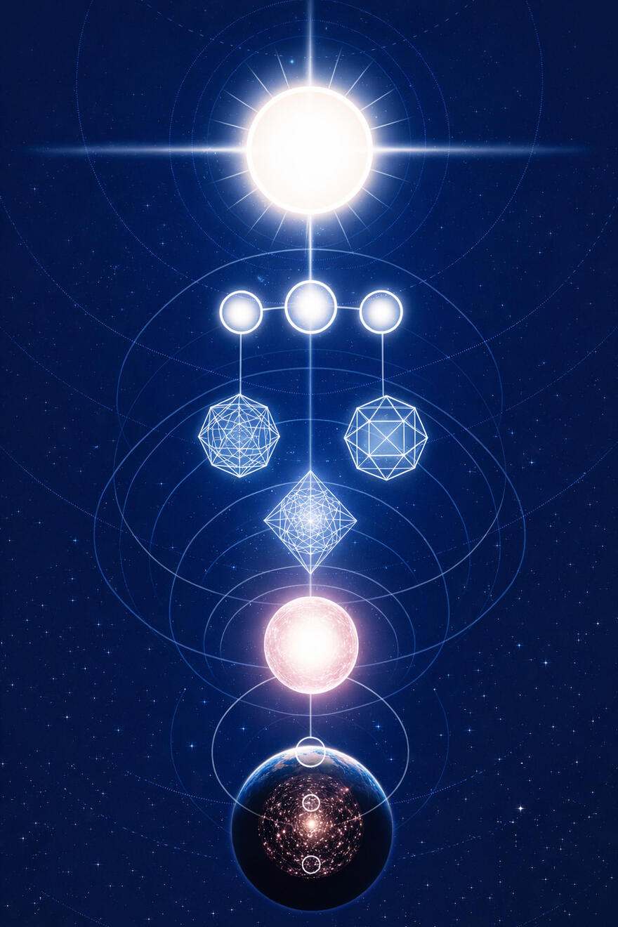 An interpretation of the field structure - from the Source at the top, through Monad, Oversoul, and Soul, down to embodiment, such as a human being. (This does not take into account that an Oversoul may encompass multiple souls.)