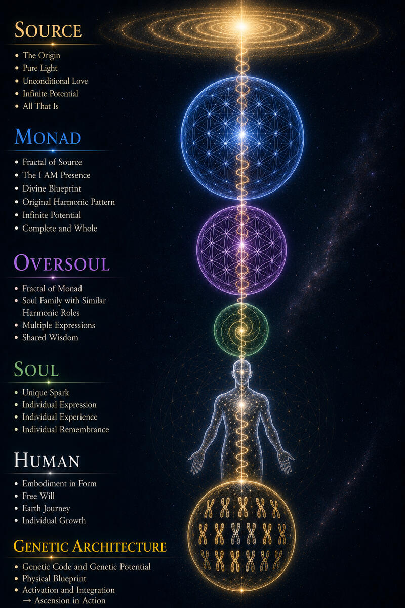 An interpretation of oneโs field structure, without considering the broader architecture of 12 Monads per Source Fractal, 12 Oversouls per Monad, and up to 144 Souls per Oversoul.
