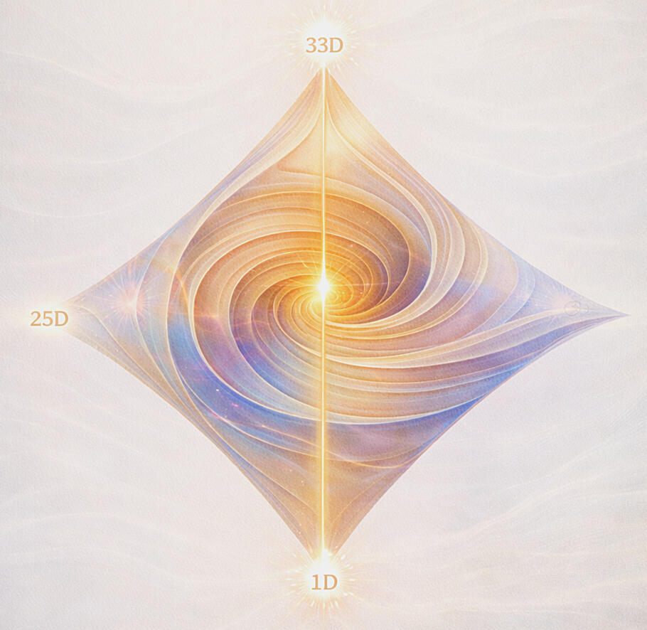 Oneโs full dimensional spiral from 1D to 33D, with 25D as the harmonic threshold for physical form.