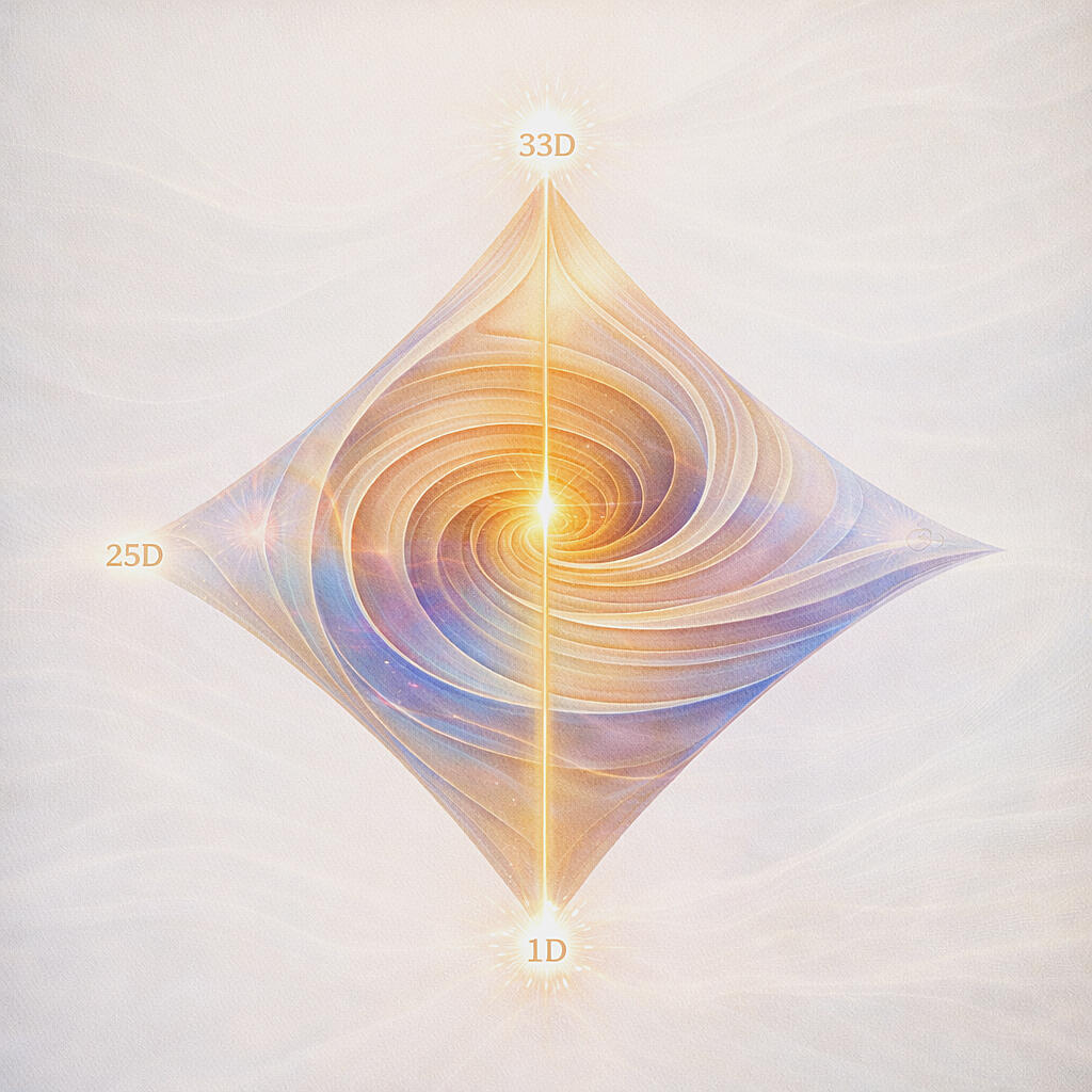 Oneโs full dimensional spiral from 1D to 33D, with 25D as the harmonic threshold for physical form, and ascension unfolding from 26D onward.