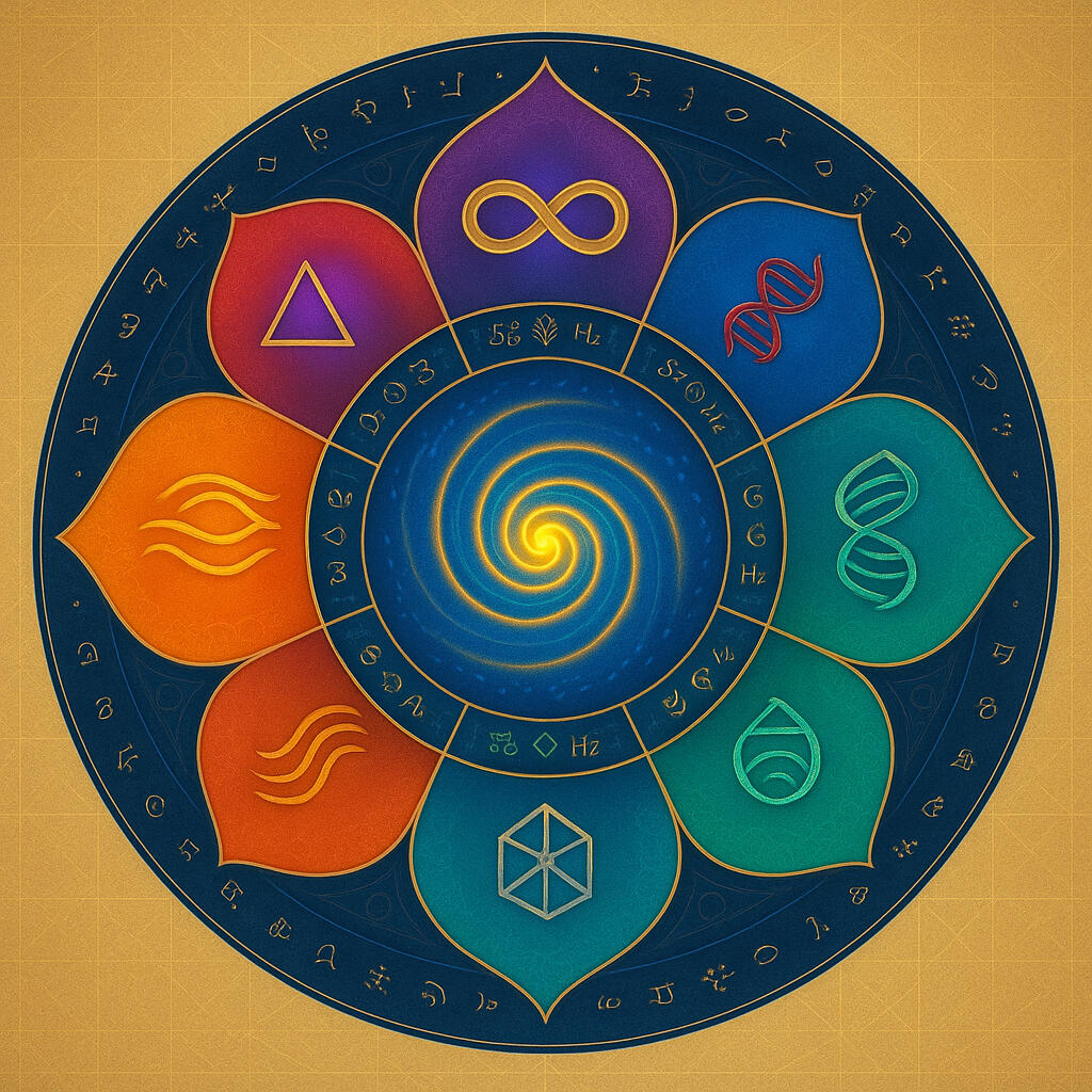 Representing the specialised sessions - One petal, one modality. The centre is unified resonance, with light language.